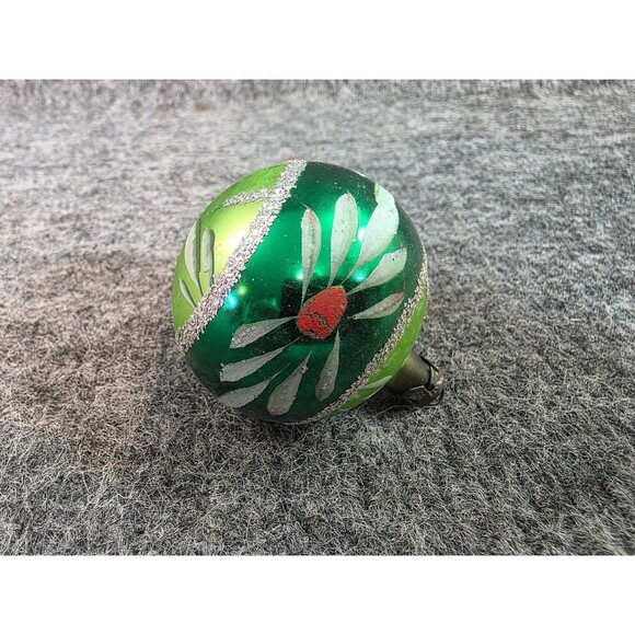 Vintage Green Glass Christmas Ball Ornament Hand Painted Floral 2 Inch - Picture 1 of 4